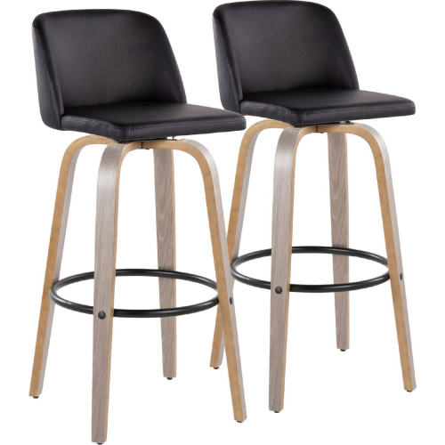 Toriano 30" Swivel Bar Stool in Light Grey Wood & Black Leatherette with Black Footrest (Set of 2)
